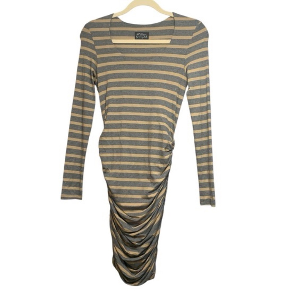 Torn By Ronnie Kobo Zoe Grey/Tan Striped‎ Side Ruched Dress Sz S